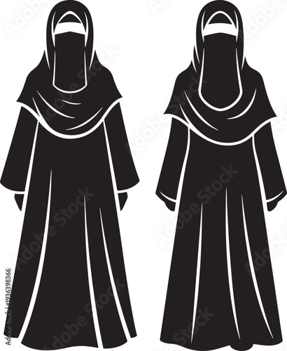 Silhouettes of two women in traditional Islamic abayas and hijabs, representing modest fashion and cultural attire.