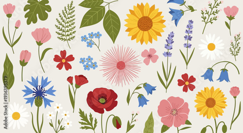 Vibrant flowers bloom in a lush garden with colorful petals and green leaves.