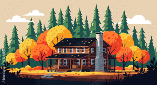 A house stands among vibrant orange and yellow trees with evergreen forest in the background on a sunny day in a rural landscape with uiolkjh elements.