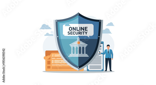 Vector illustration of online security shield with bank and user