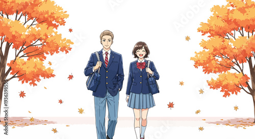 A young couple walks together under vibrant orange autumn trees on a campus.