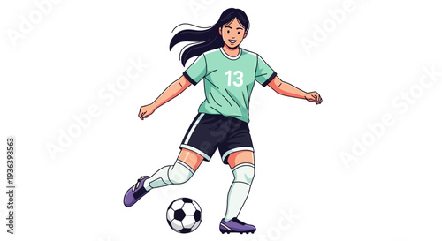 Female soccer player kicks ball with leg in green uniform on field