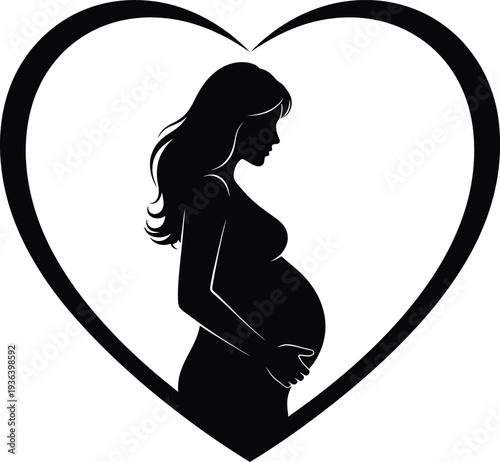 Black silhouette of a pregnant woman standing inside a heart shape