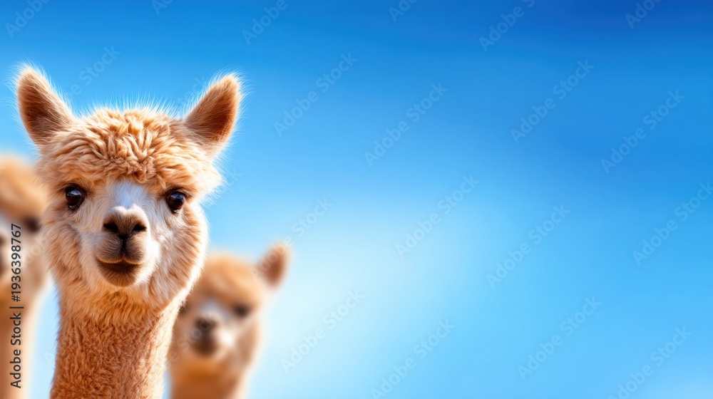 Obraz premium Three adorable alpacas gaze playfully against a bright blue sky, showcasing their fluffy coats