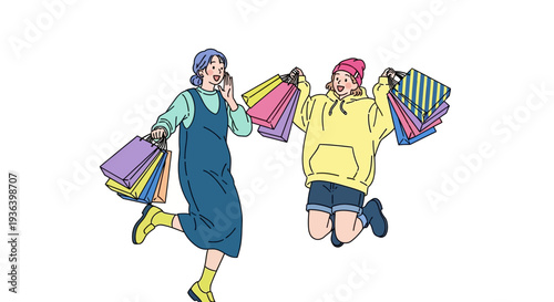 Two people jumping with shopping bags in hands outdoors happily