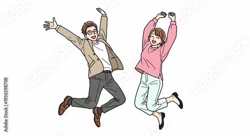 Two people jumping with joy on a sunny day outside in happiness