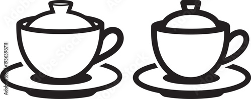 Teacup with lid and saucer icons, perfect for representing hot beverages, cafes, and cozy moments in design, illustration, and hospitality.