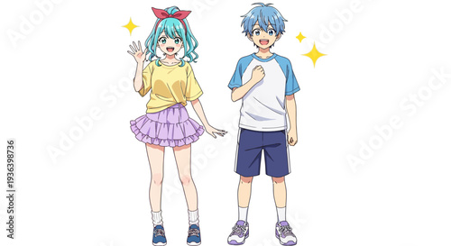 Two anime characters, a girl and a boy, stand side by side smiling with uiolkjh reference.