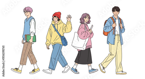 Four people walking together in a line outside on a sunny day with uiolkjh reference