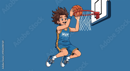 Young male basketball player in action dunking the ball with enthusiasm.
