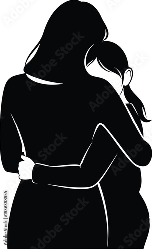 Black silhouette of a woman hugging a young girl
