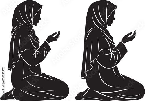 Woman in hijab praying silhouette, representing Islamic faith, spirituality, and devotion for religious and cultural designs during prayer times.