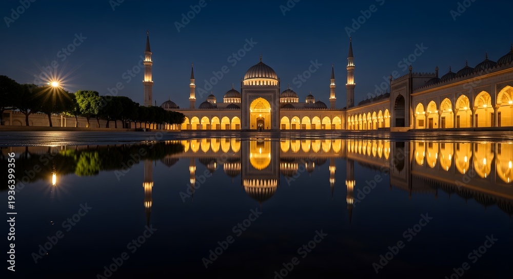 Obraz premium Nighttime architectural landscape with illuminated structures reflected in water