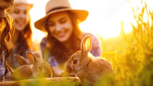 Two smiling women enjoy a sunny moment with adorable rabbits in a green field