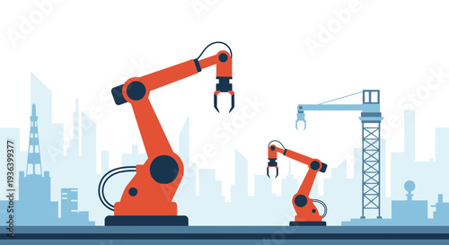Vector illustration of industrial robots and construction site