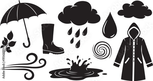 Rainy Day Icons and Symbols in Black and White