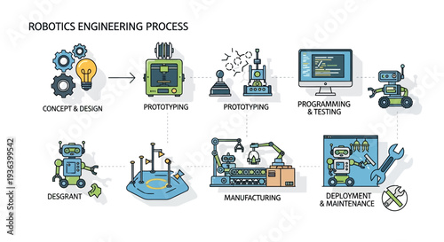Set of 8 robotics engineering process icons vector