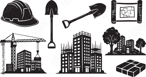 Construction site icons and building architecture symbols