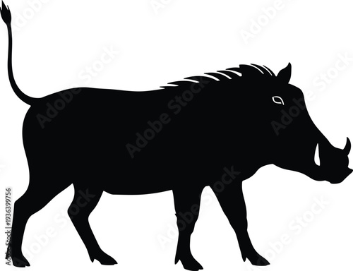 Black silhouette of warthog in profile view with tusks, mane, curved tail, and stocky body, symbolizing African wildlife.