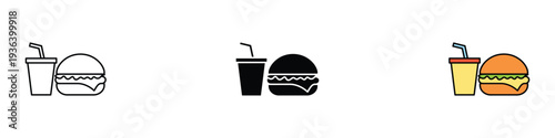 Fast food icon set. Hamburger and beverage takeaway symbol. Vector Illustration.