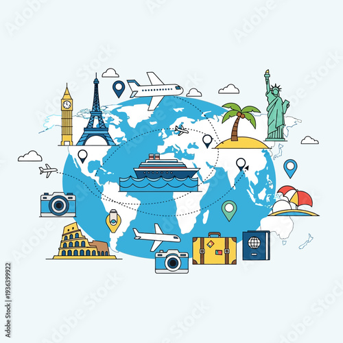 Global Travel and Tourism Icons Around the World Map