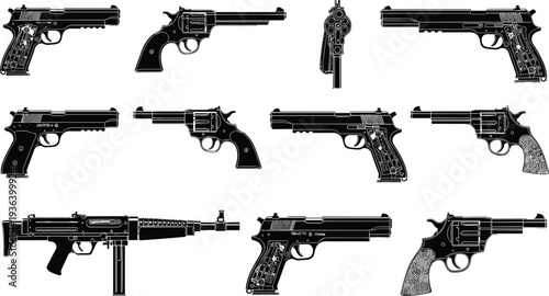Collection of eleven firearm silhouettes including handguns, revolvers, and submachine gun, showcasing weapon designs, profiles, and artistic illustration.