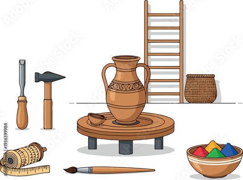 An artist's workspace featuring a clay pot on a turntable surrounded by various art tools and colorful objects