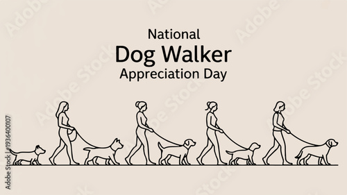 National dog walker appreciation day people walking dogs various breeds line art beige background