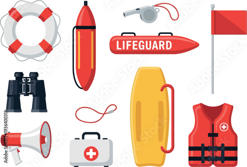 Lifeguard equipment and safety gear arranged on a white background for beach rescue operations