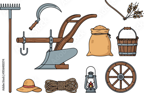 Collection of vintage farming tools and equipment displayed together on a white background from a straightforward viewpoint