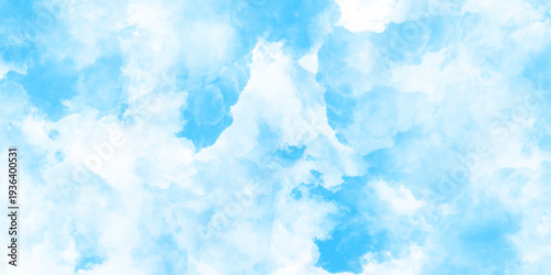 Panorama of blue sky and White cloud nature background .Classic hand painted Blue watercolor background for design.Aquarelle hand painted paper textured canvas for vintage ,invitation card, template.	