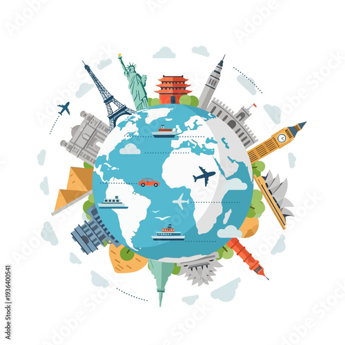 Global Travel Destinations: Iconic Landmarks Around the World on a Globe