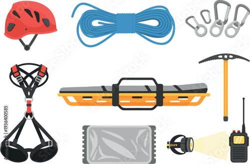 Climbing equipment and rescue gear laid out on a neutral background, showcasing various tools and safety accessories for mountaineering and adventure activities from a top-down viewpoint