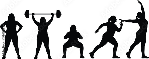 Fitness activity silhouettes with barbell lift, squat, running, dancing, stretching, and exercise poses for workout, health, and design themes
