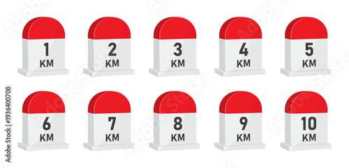 Road distance milestone markers set 1 to 10 km, Red and white kilometer stones for navigation route marathon distance indicator vector illustration
