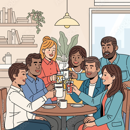 Diverse group of friends toasting drinks at a cafe, celebrating friendship and connection
