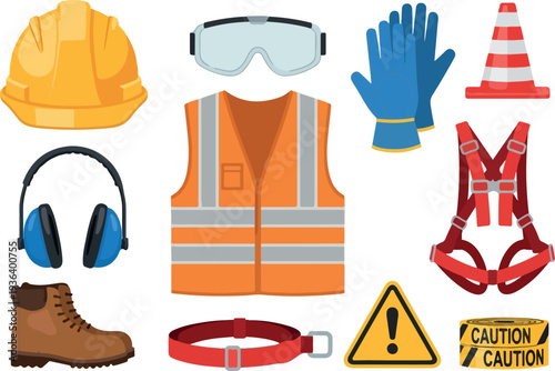 Collection of safety equipment and protective gear for workers in a construction site viewed from directly above