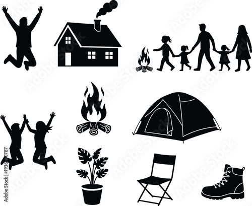 Outdoor family activity silhouettes with camping tent, campfire, hiking boot, house, children, and nature designs for recreation themes