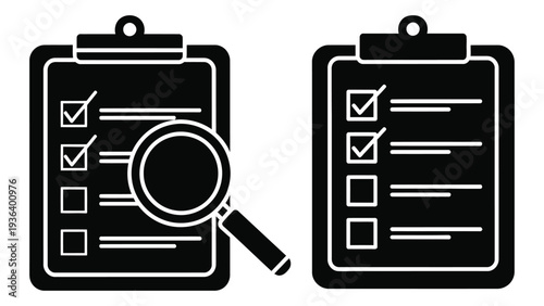 Checklists on clipboard with magnifying glass