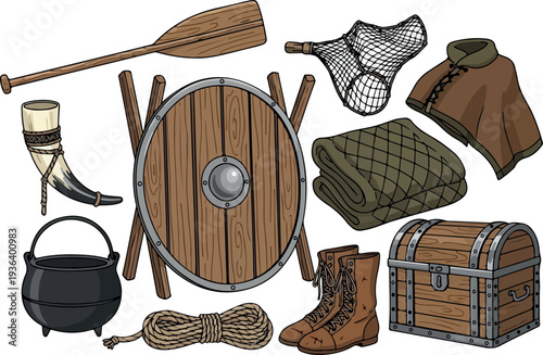 Viking warrior's medieval accessories and armor displayed with clothing and wooden treasures in a flat lay illustration
