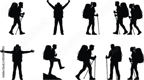 Silhouettes of hikers with backpacks and trekking poles in various poses, walking, climbing, exploring, celebrating outdoor adventure and nature.