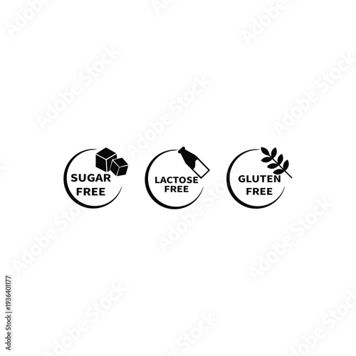 Three icons indicating sugar free, lactose free, and gluten free products