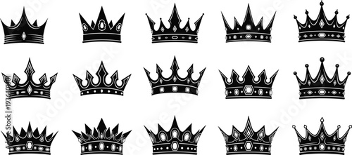 Royal crown silhouette collection set, black king and queen tiara vector illustration isolated on white background design