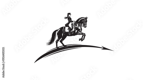 Equestrian rider in a top hat and tailcoat on a rearing horse, depicted in a dynamic black and white illustration with an abstract arrow.