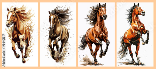 Set of four dynamic horse posters. Artistic illustration of brown and tan horses running and galloping.