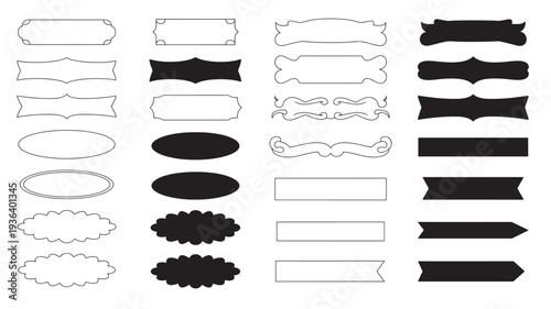 Blank decorative banners and frames in various shapes and styles, including ornate, oval, and cloud-like outlines, with solid black fills.