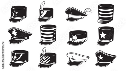Hats military officer style icon set featuring historical military caps with stars and feathers for uniform design