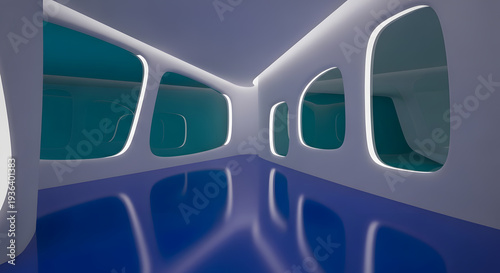 A clean and modern futuristic room featuring soft white walls with organic shaped windows overlooking a deep teal space and a reflective blue floor