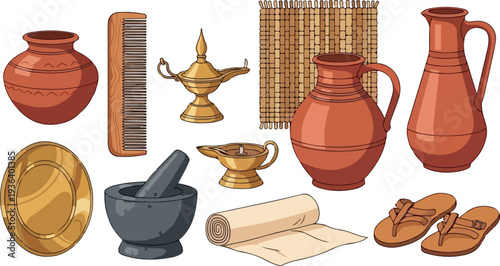 Ancient artifacts and personal items arranged on a white surface from a top-down viewpoint