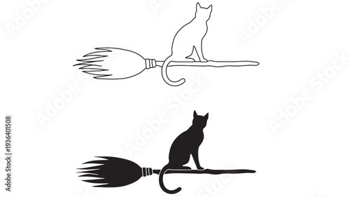 Cat silhouette on a broomstick, black and white line art and solid fill versions for Halloween featuring broom, witch, flying with magic and spooky